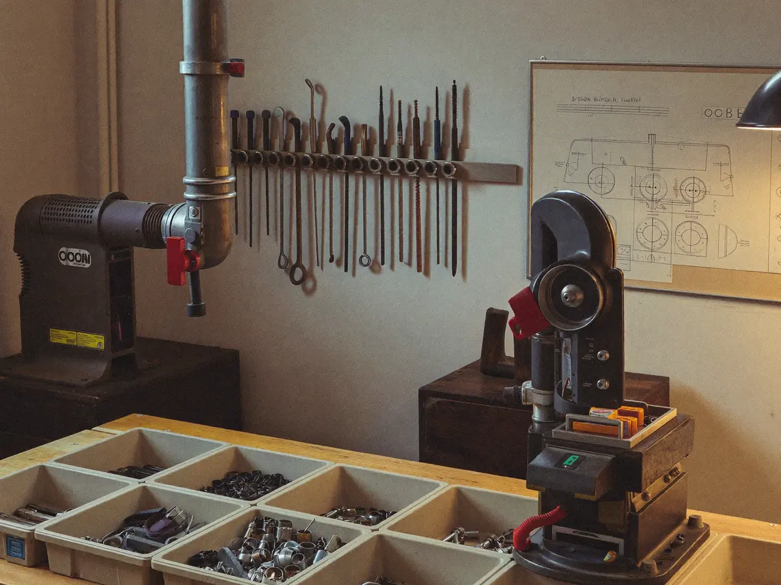 Werkstattraum mit Rohrschraubstock auf der Holzbank, sortierten Fittings in offenen Kästen, einer Biegemaschine und einer Wand voller Schraubenschlüssel.